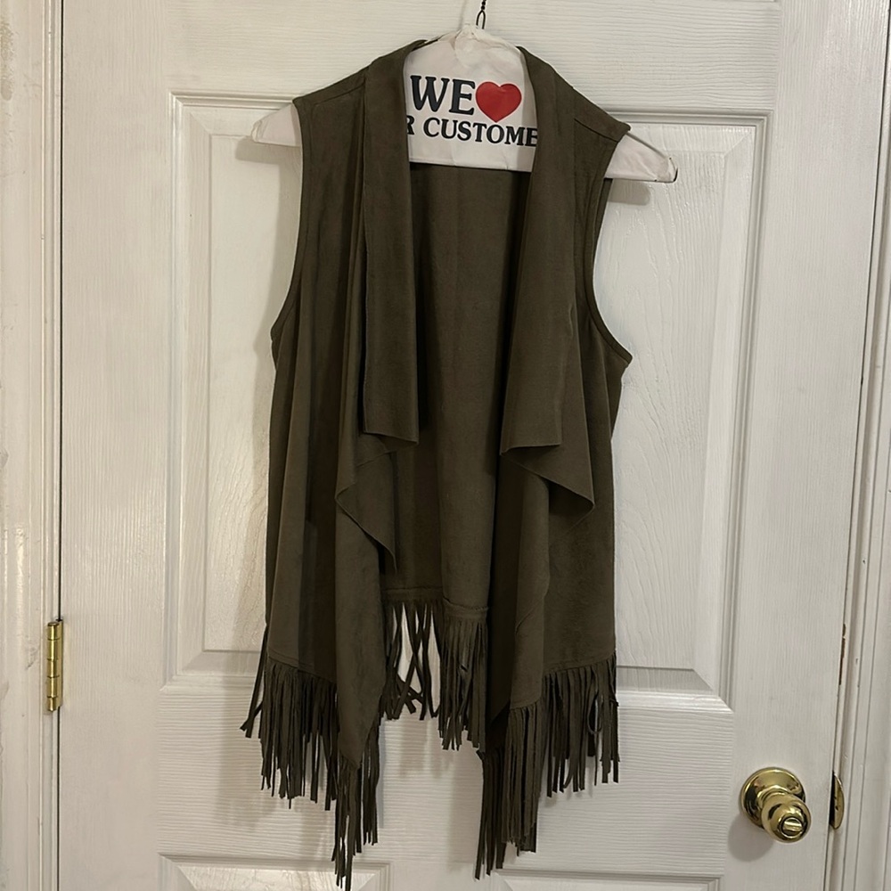 Olive Faux Suede Fringe Vest